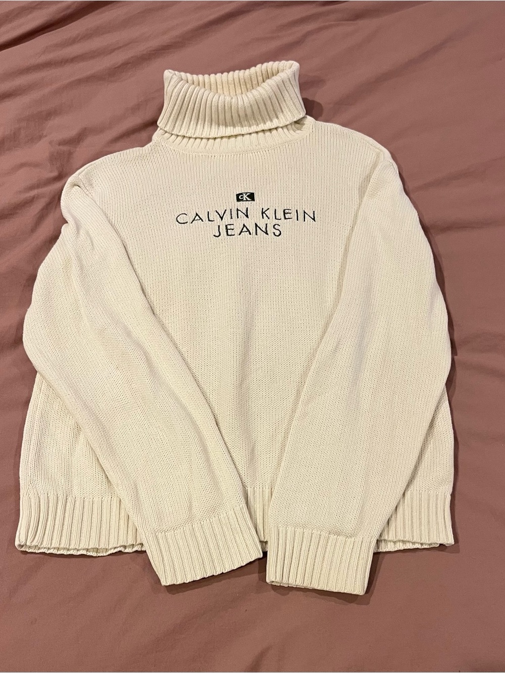 Calvin Klein Jeans Cream Turtleneck Knit Sweater with Logo